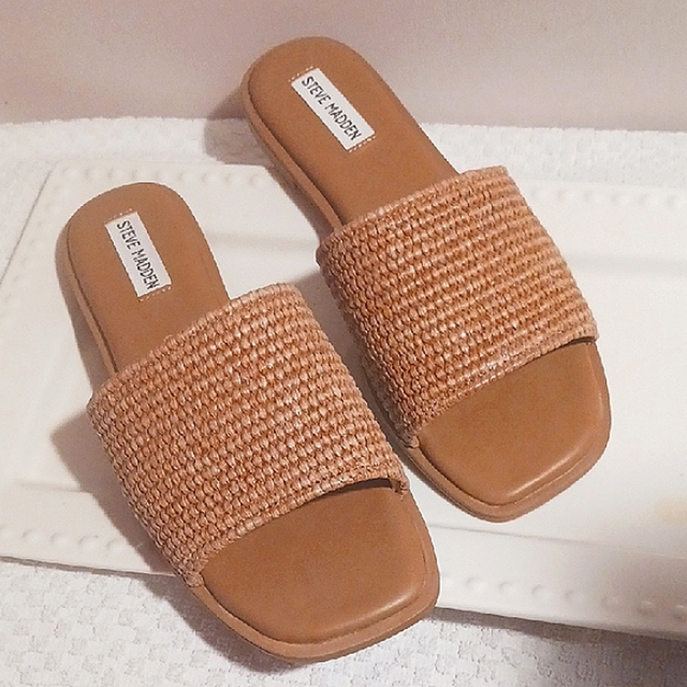 ⚜️Steve Madden Tan Woven Slide Sandals 9.5 🌾⚜️🌾*New* - Picture 3 of 9